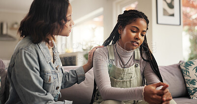 Buy stock photo Sad, woman and friends on couch for empathy with breakup and relationship fail in home. Comfort, people and support for cheating mistake, console and kindness for mental health advice in living room