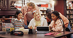Tutor, college and tablet with students in library for assignment, reading and study group. University, learning and teamwork with people helping on campus for knowledge, future and research project