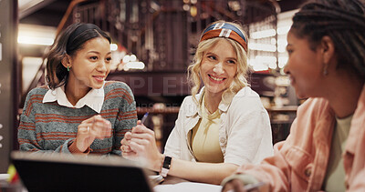 Buy stock photo Education, tablet and friends with women in library for college assignment, research and study group. University, learning and teamwork with people on campus for knowledge, students and project