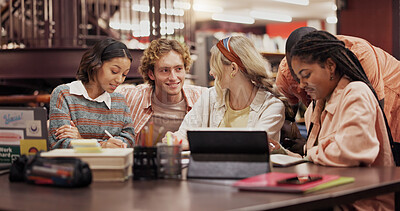 Buy stock photo Happy, college and friends with students in library for assignment, reading and study group. University, learning and teamwork with people on campus for knowledge, future and research project