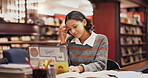 Stress, woman and student on laptop in library with difficult test, challenge and studying. Computer, learning and unhappy girl in university for education mistake, exam fail or reading bad results