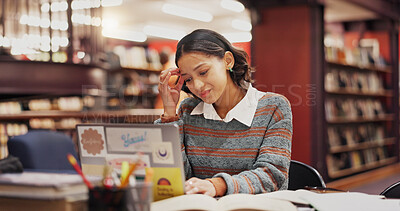 Buy stock photo Stress, woman and student on laptop in library with difficult test, challenge and studying. Computer, learning and unhappy girl in university for education mistake, exam fail or reading bad results