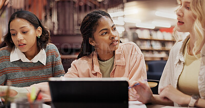 Buy stock photo Study group, tablet and education with women in library for college assignment, research and planning. University, learning and teamwork with people on campus for knowledge, students and project