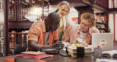 Buy stock photo College, friends and research with people in library for group project, discussion and education. University, team assignment and study with students on campus for knowledge, future and scholarship
