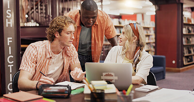 Buy stock photo College, laptop and research with people in library for group project, discussion and education. University, team assignment and study with students on campus for knowledge, future and scholarship