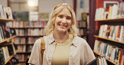 Buy stock photo Portrait, woman and student with books in library for literature, research and study for knowledge. Person, smile and novel for academic information, scholarship and learning for education assignment