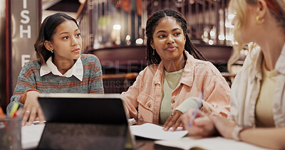 Buy stock photo College, education and study with people in library for group project, discussion and friends. University, team assignment and tablet with students on campus for knowledge, future and scholarship