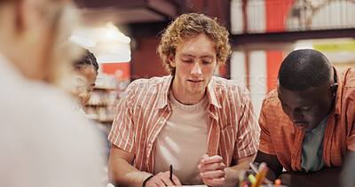 Buy stock photo University, reading and study with man and friends in library for research project, education and learning. Future, knowledge and college assignment with people and discussion for students and team