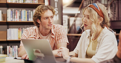 Buy stock photo College, laptop and learning with people in library for research project, tutor and education. University, teaching assignment and study with students on campus for knowledge, help and scholarship