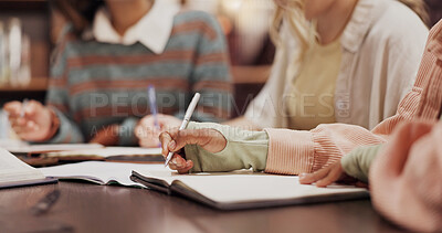 Buy stock photo Library, writing and hands of people with notebook for journal, learning and knowledge in education. College, campus and students with paper for studying, support and preparation for university test