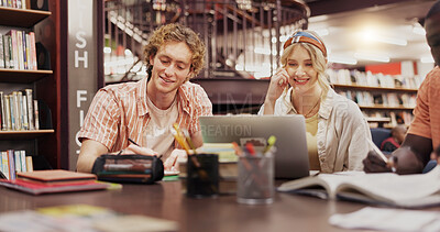 Buy stock photo College student, people and laptop at library for group project, research and education at university. Man, woman and happy by computer with books, assessment and learning for scholarship at academy