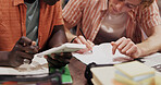 Hands, students and writing with calculator for project, math and prepare for exam, assessment or test. People, books and problem solving for education, learning and study for development at college