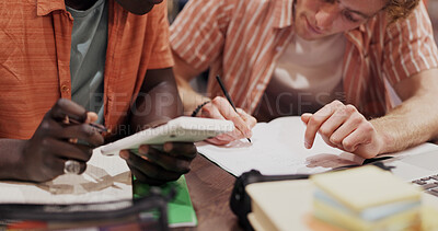 Buy stock photo Hands, students and writing with calculator for project, math and prepare for exam, assessment or test. People, books and problem solving for education, learning and study for development at college