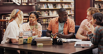 Buy stock photo University, group and study with students or friends in library for research project, education and learning. Future, knowledge and college assignment with people and discussion for scholarship