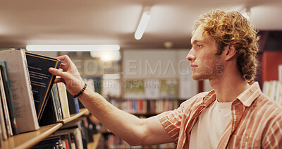 Buy stock photo Man, shelf and learning with books in library for choice, studying and preparation for exam. Student, return and textbook decision for information, university knowledge and wisdom of education thesis