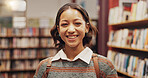Girl, student and portrait with smile at library, excited or education for development with research at college. Person, happy and learning with pride, backpack or scholarship at university in Brazil