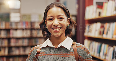 Buy stock photo Girl, student and portrait with smile at library, excited or education for development with research at college. Person, happy and learning with pride, backpack or scholarship at university in Brazil