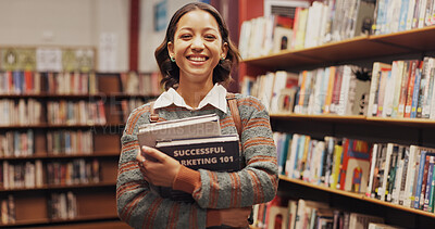 Buy stock photo Portrait, woman and smile with books in library for research, study marketing and career preparation. Student, textbook and information for business knowledge, educational exam and university project