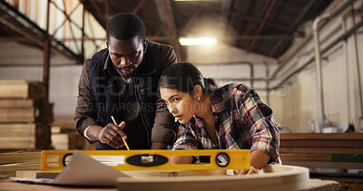 Buy stock photo Measure, teamwork and carpenter with people for woodworking production, furniture and manufacturing. Collaboration, handyman and framework with man and woman for building project and construction