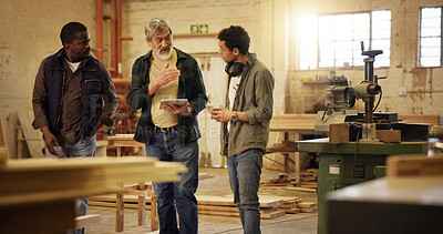Buy stock photo Workshop, online and group with tablet, carpenter and intern with research for woodworking technique. People, mature mentor and review of info on tech, trainee or collaboration for furniture business