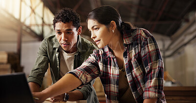 Buy stock photo Colleagues, people and team with laptop, carpenter and research for craftsmanship in workshop and online. Woodworking, collaboration and creative with tech for furniture business and production