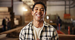 Portrait, happy carpenter and man in factory for furniture manufacturing, production and laughing. Woodwork, smile and creative professional at industrial workshop for joinery, carpentry and design