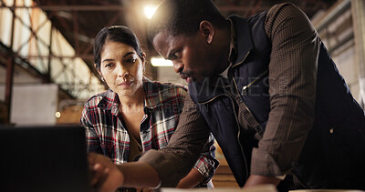 Buy stock photo Creative, people and team with laptop, woodworking and research for craftsmanship in workshop and online. Manufacturing, collaboration and colleagues with tech for furniture business and production