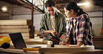 Planning, people and team with tablet, woodworking and research for craftsmanship in workshop and online. Manufacturing, collaboration and colleagues with tech for furniture business and production