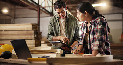Buy stock photo Planning, people and team with tablet, woodworking and research for craftsmanship in workshop or online. Manufacturing, collaboration and woman with tech for furniture business, skills and production