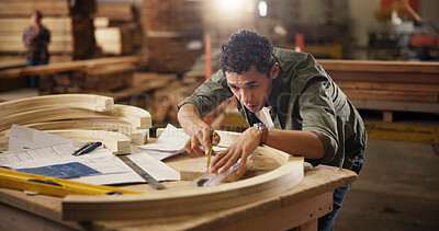Buy stock photo Planning, measure and carpenter with man for woodworking production, furniture and manufacturing. Contractor, handyman and framework with person for building project, timber and construction