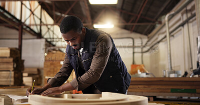 Buy stock photo Furniture, engineering and drawing with black man in factory for woodworking, manufacturing and framework project. Production, contractor and industrial with person in warehouse for construction