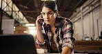 Phone call, laptop and woman in carpentry workshop for furniture, manufacturing and lumber renovation. Construction, factory and carpenter on smartphone for online orders, inventory and timber stock