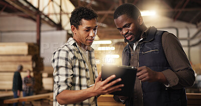 Buy stock photo Workshop, people and team with tablet, woodworking and research for craftsmanship on website and online. Manufacturing, collaboration and colleagues with tech for furniture business and production