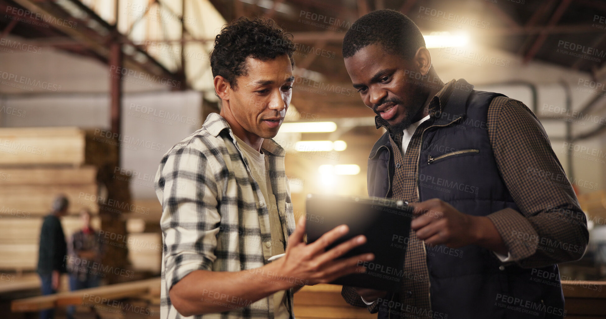 Buy stock photo Workshop, people and team with tablet, woodworking and research for craftsmanship on website and online. Manufacturing, collaboration and colleagues with tech for furniture business and production