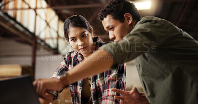 Buy stock photo Artisan, people and team with laptop, carpenter and research for craftsmanship in workshop and online. Woodworking, woman and man with tech for furniture business, collaboration and production