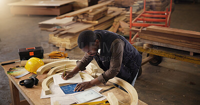 Buy stock photo Furniture, blueprint and drawing with black man in factory for woodworking, manufacturing and framework project. Production, contractor and industrial with person in warehouse for construction