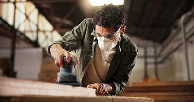 Buy stock photo Man, carpenter or wood with sander at workshop for polish, craft or building project. Male person, woodworking and machine with mask for wooden repair, design or restoration at construction warehouse