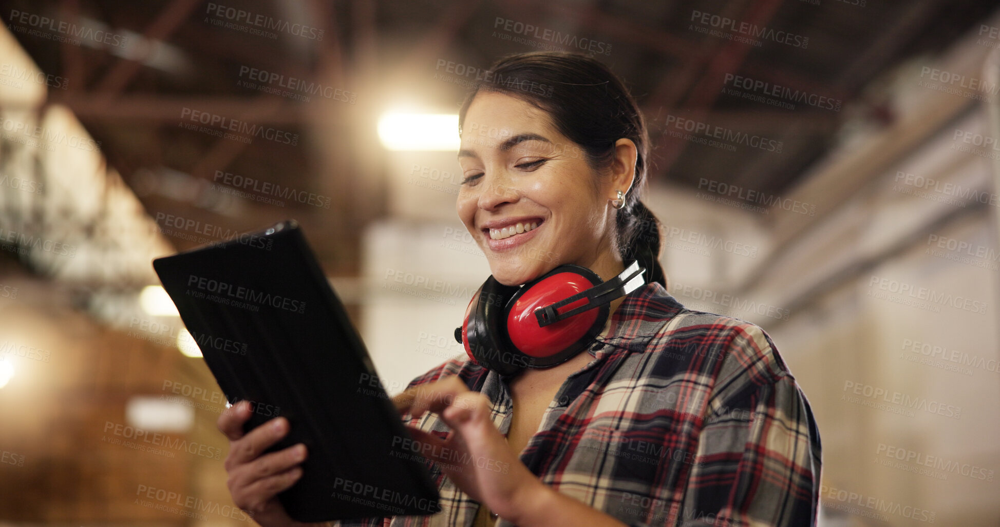 Buy stock photo Woodwork, carpenter and woman with tablet in workshop for furniture manufacturing and inventory. Carpentry, smile and person with technology at industrial factory for joinery, check stock and design