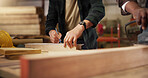 People, hands and wood with design for carpentry, woodwork or timber project at workshop. Carpenter, team or lumber with plank for wooden repair, restoration or furniture production at warehouse