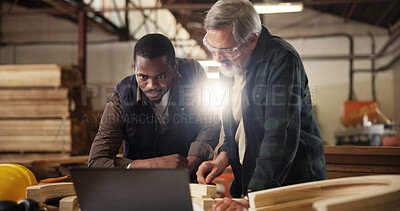 Buy stock photo Planning, people and team with laptop, woodworking and research for craftsmanship in workshop and online. Manufacturing, collaboration and colleagues with tech for furniture business and production
