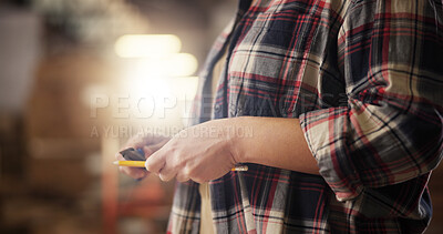 Buy stock photo Construction, carpenter and hands with pencil for sharpening, manufacturing and creative project. Closeup, person and cutting wood with tools for carpentry workshop, furniture and professional worker