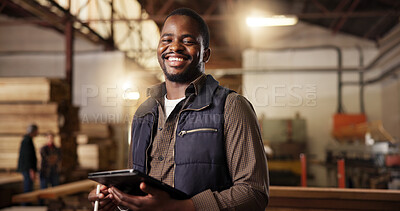 Buy stock photo Portrait, happy carpenter and man with tablet in workshop for furniture manufacturing and inventory. Woodwork, smile and person with technology at industrial factory for joinery, carpentry and design