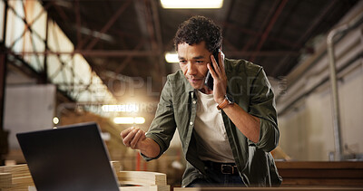 Buy stock photo Phone call, carpentry and man on laptop talking for furniture, manufacturing and lumber renovation. Construction, factory and carpenter on smartphone for online orders, inventory and timber stock