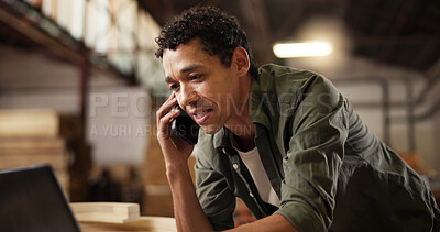 Buy stock photo Phone call, carpentry and man in workshop talking for furniture, manufacturing and lumber renovation. Laptop, factory and carpenter on smartphone for online orders, inventory and timber production