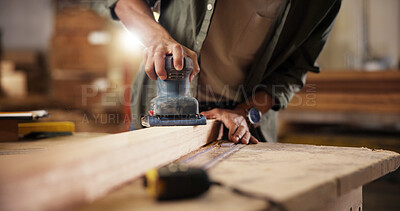 Buy stock photo Person, hands and carpenter with sander at workshop for polish, craft or lumber project. Closeup, wood worker and sanding machine with plank, timber or beam for wooden repair, design or restoration