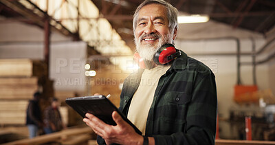Buy stock photo Portrait, carpenter and man with tablet for woodwork, furniture manufacturing and inventory. Carpentry, smile and mature person with technology at industrial factory for joinery, production or design