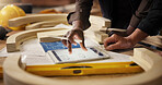 Carpentry, workshop and hands of people on tablet for online planning, wood design and inventory. Woodworking, factory and carpenter on digital tech for manufacturing, furniture and timber production