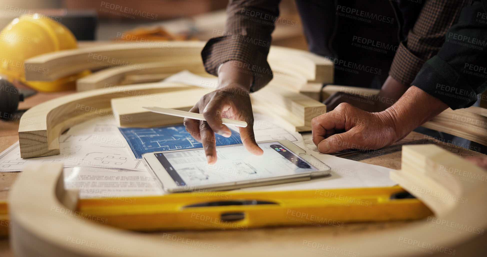 Buy stock photo Carpentry, workshop and hands of people on tablet for online planning, wood design and inventory. Woodworking, factory and carpenter on digital tech for manufacturing, furniture and timber production
