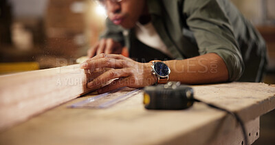 Buy stock photo Hands, carpenter and wood with beam at workshop for polish, craft or timber project. Closeup, person or woodworker with wooden repair, design or restoration on workbench at construction warehouse