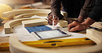 People, hands and carpenter with tablet for woodwork, project or planning design at workshop. Closeup, wood and technology with timber, blueprint or layout for wooden repair, craft or lumber project
